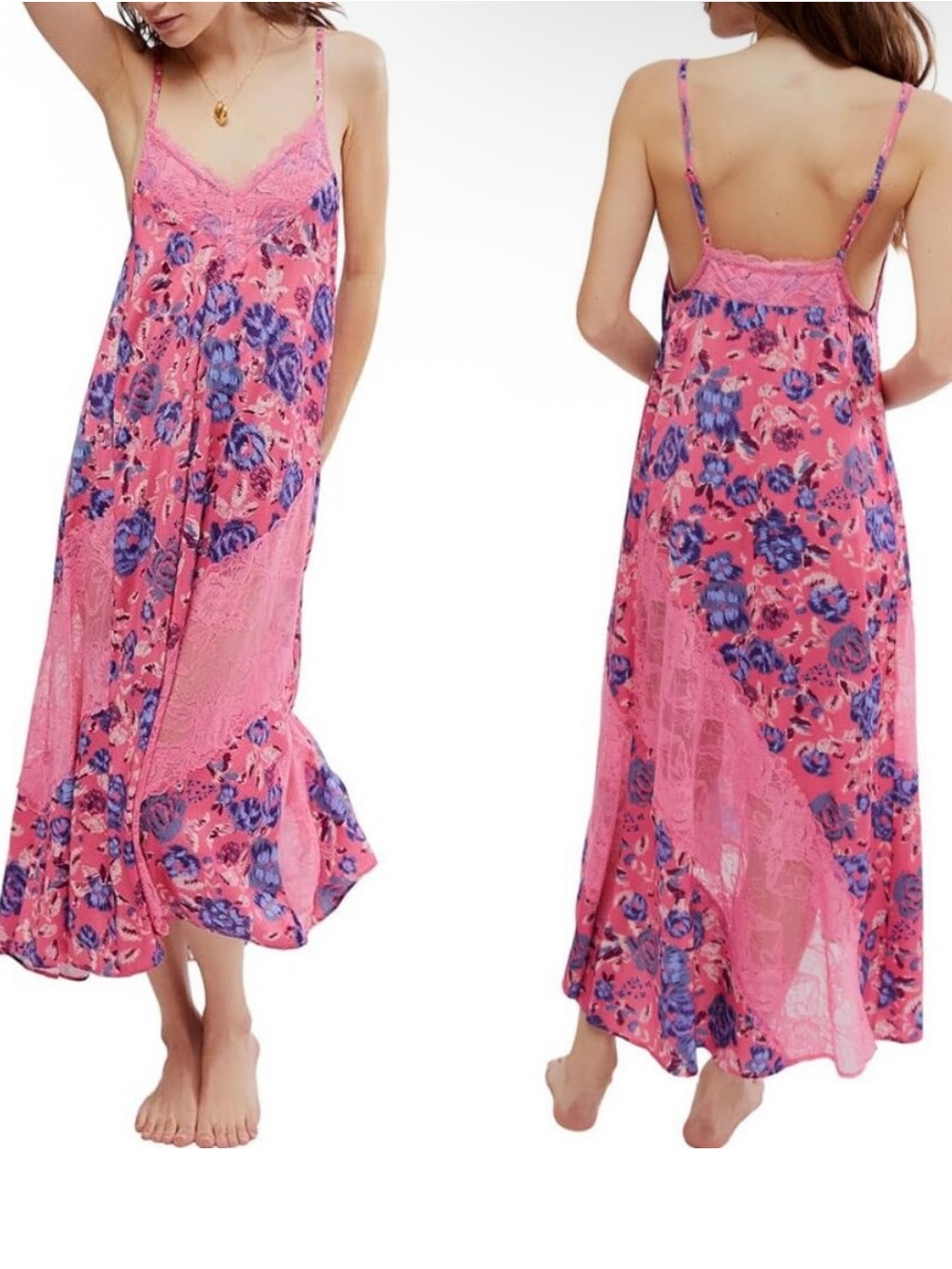 Free People Pink Floral Lace-Trim Slip Dress